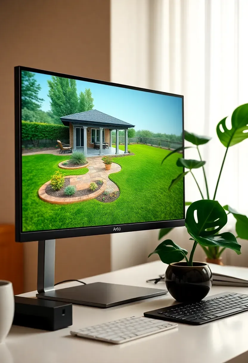 Cedreo outdoor design interface showing a 3D backyard layout with covered patio, lawn area, and decorative planting beds