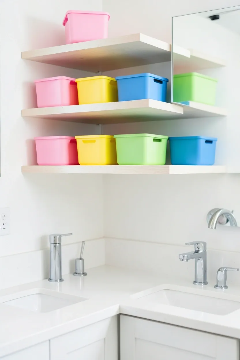 Toca Boca candy-colored bathroom storage with mint, pink, and yellow bins on white floating shelves in a rental bathroom