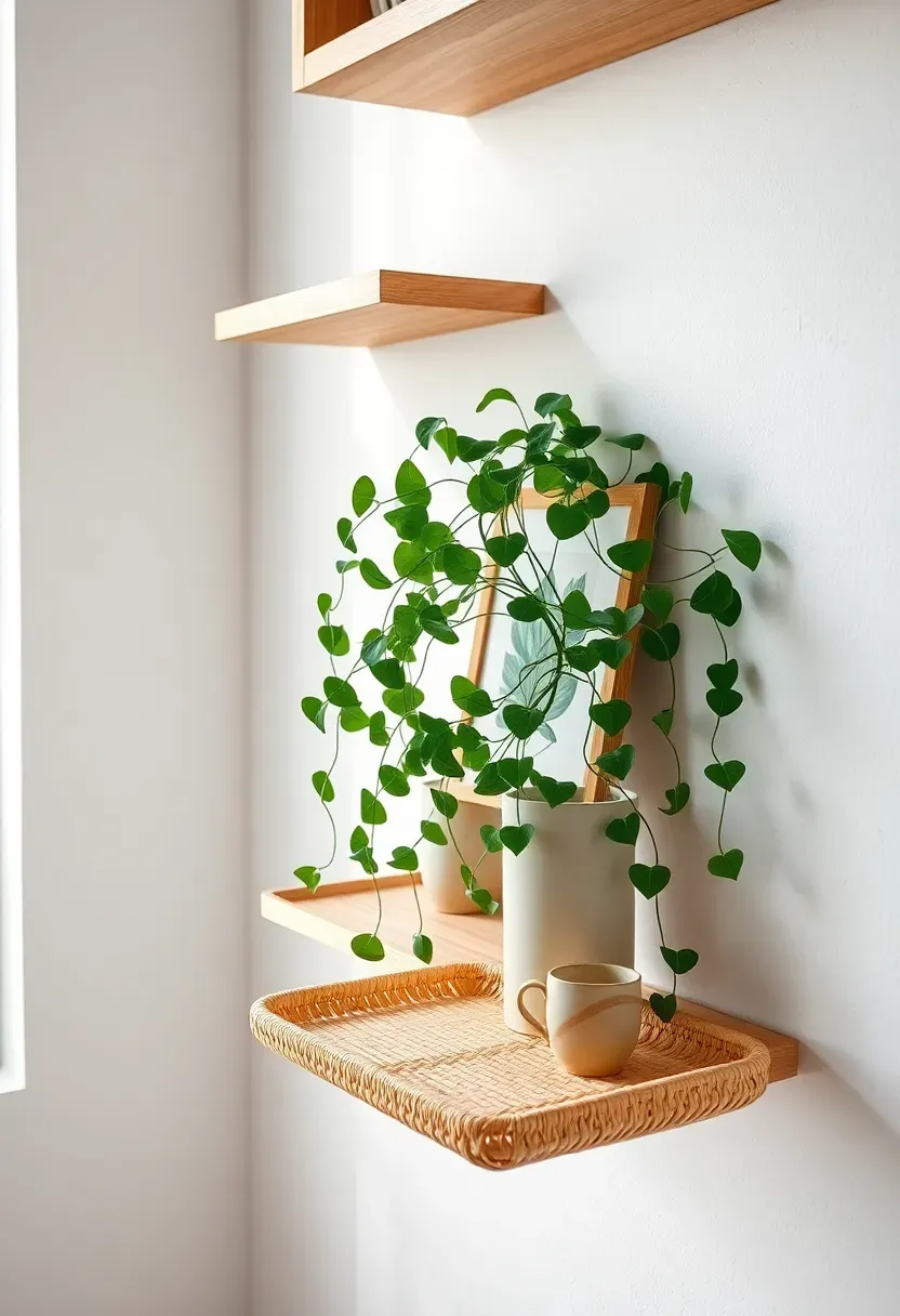 Woven tray placed on a floating wooden shelf with a trailing pothos plant, small framed print, and ceramic cup