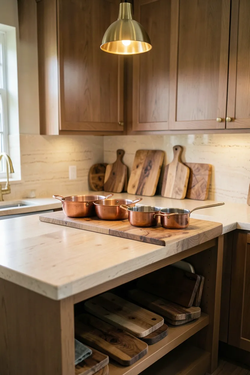 Hyper-realistic eye-level photograph of a kitchen with butcher block as focal point. Large end-grain butcher block in light oak positioned prominently as prep surface. Open shelving beneath butcher block displays curated collection of artisan cutting boards in warm oak and walnut. Warm copper pots and pans rest on butcher block surface. Surrounding upper cabinets in warm walnut. Countertop in honed travertine in warm cream. Warm brass faucet visible near butcher block. Warm ambient lighting from brass pendant lights highlights wood grain and copper tones. Visible natural materials and functional styling. No text, no logos, no watermarks.</p>
