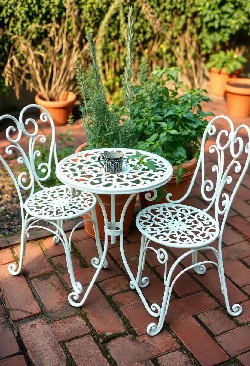 A small vintage wrought iron bistro set with a round table and two chairs painted glossy white, placed on a brick landing in a backyard garden surrounded by potted herbs