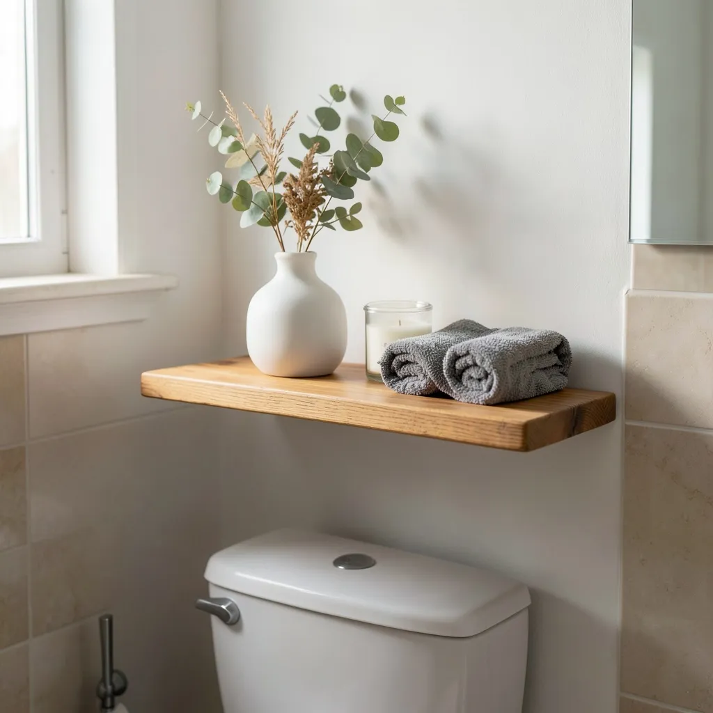 Natural wood floating shelf above toilet with eucalyptus and candles