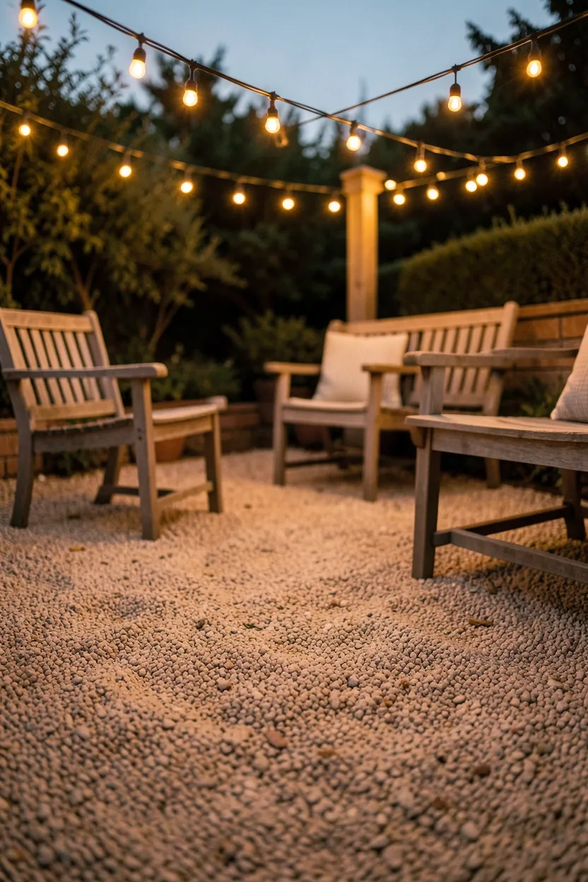 Pea Gravel Patio with String Light Ambiance