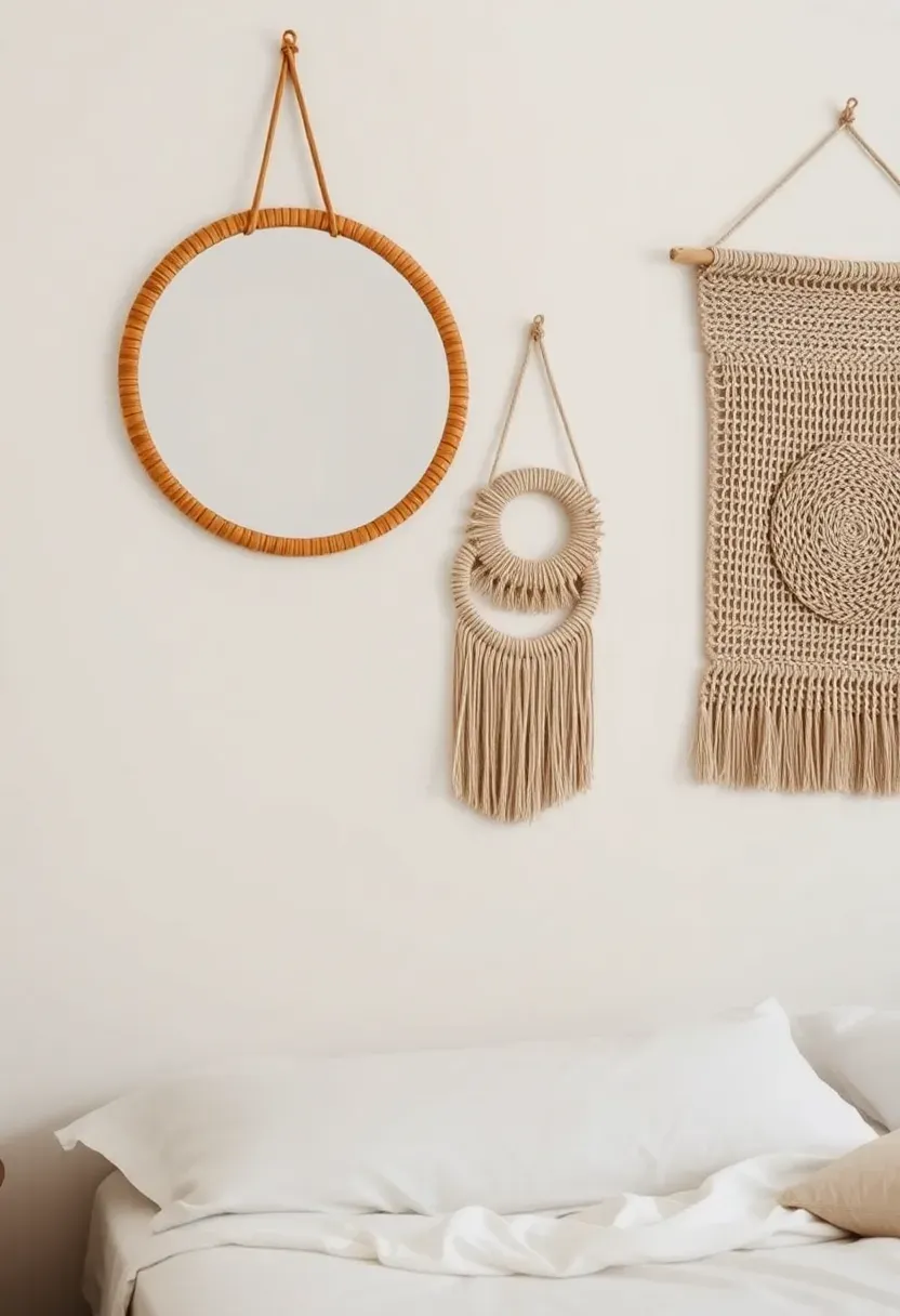 Gallery wall of woven wall art and mirrors