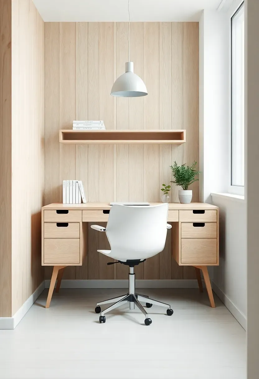 Scandinavian home office with birch wood desk, white task chair, aluminum pendant lamp and slim open shelf with plants