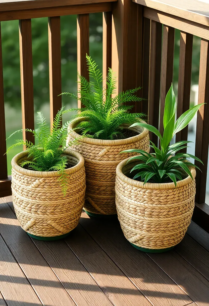 Three woven seagrass basket planters of different sizes holding ferns and trailing pothos on a wooden deck