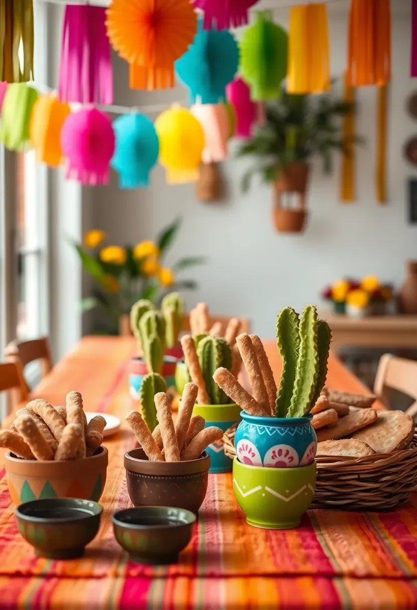 fiesta baby shower with colorful papel picado banners bright serape table runners small cacti in painted pots and a churro bar display