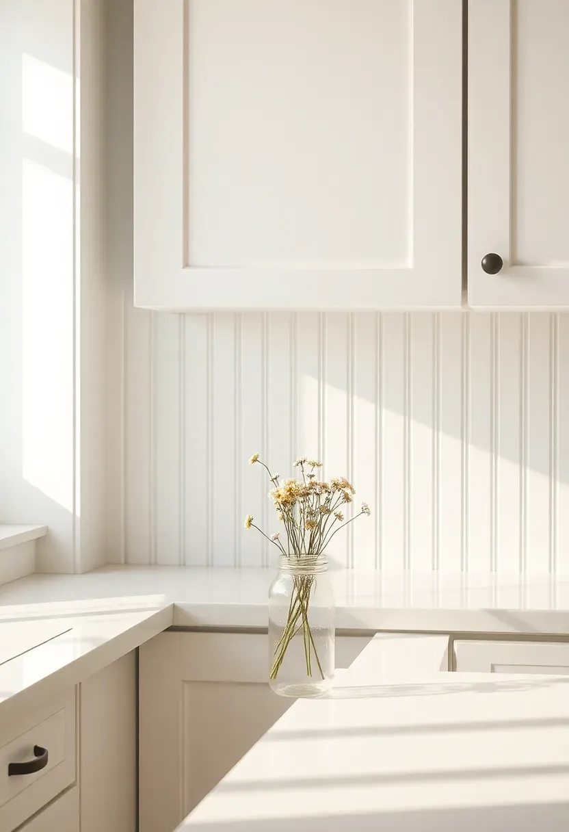 white beadboard paneling used as kitchen backsplash in a cottage-style white kitchen with quartz countertops
