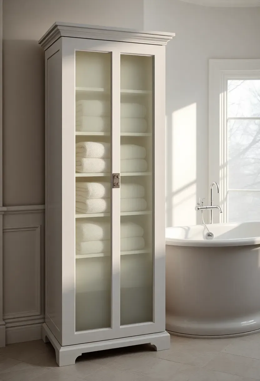 Tall narrow white linen tower cabinet beside a bathtub with glass doors revealing folded towels