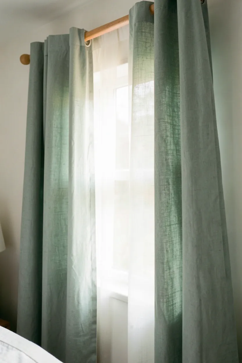 Sage green curtains layered with white sheer panels on a tall bedroom window for soft filtered daylight