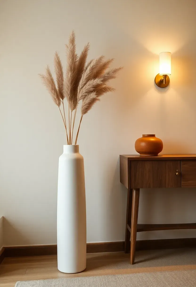 Two tall ceramic floor vases in matte white and terracotta placed beside a console table in a minimally decorated basement
