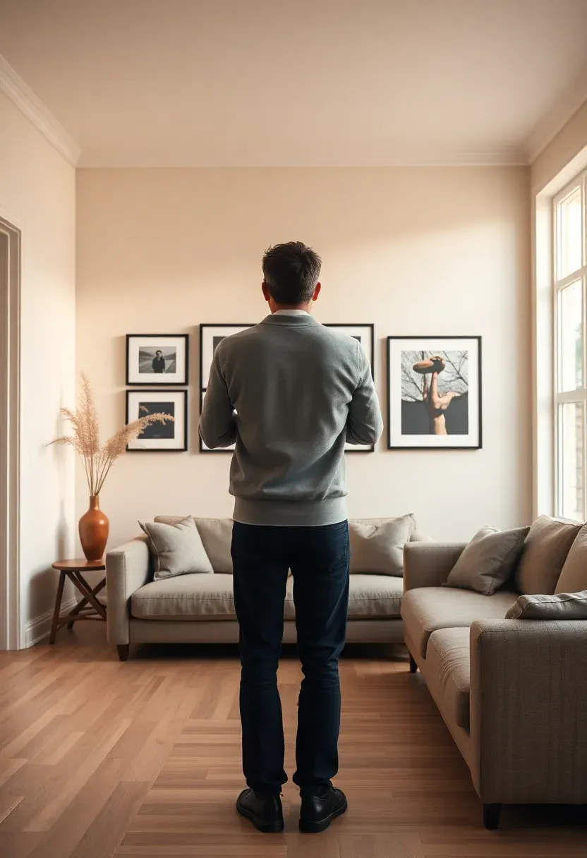 Person standing back from a nearly complete gallery wall with arms folded, head slightly tilted — assessing the full composition critically, one frame slightly off-center visible to the side