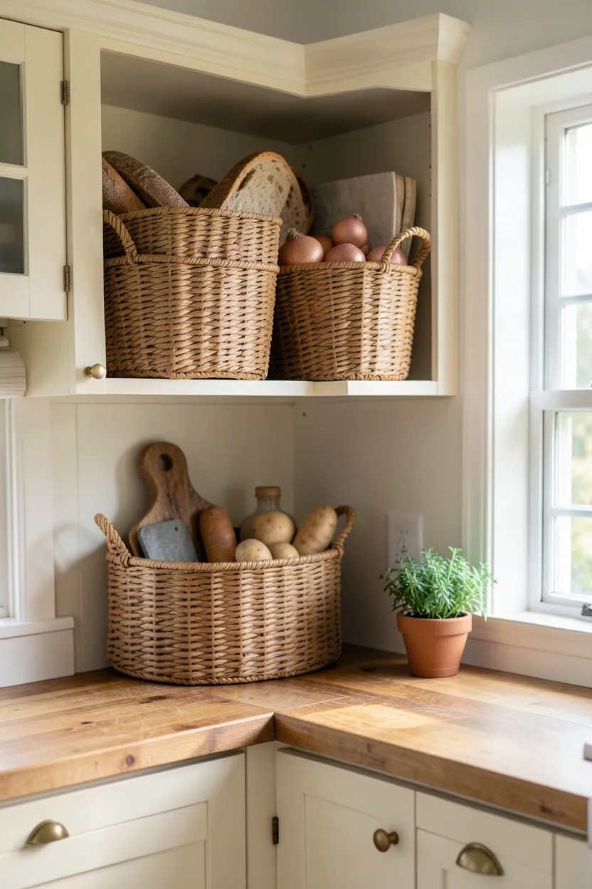 Woven seagrass and rattan baskets on open shelves in a small cottage kitchen organizing produce and kitchen linens