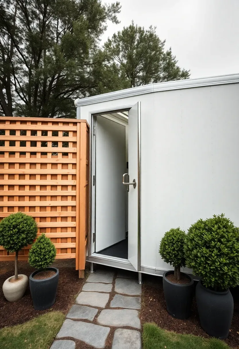 A clean portable restroom trailer with a wooden privacy screen around it parked discreetly at the side of a backyard wedding venue