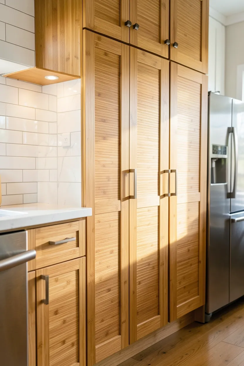 Bamboo kitchen cabinet doors with horizontal grain pattern in warm golden tones — eco-friendly sustainable kitchen design