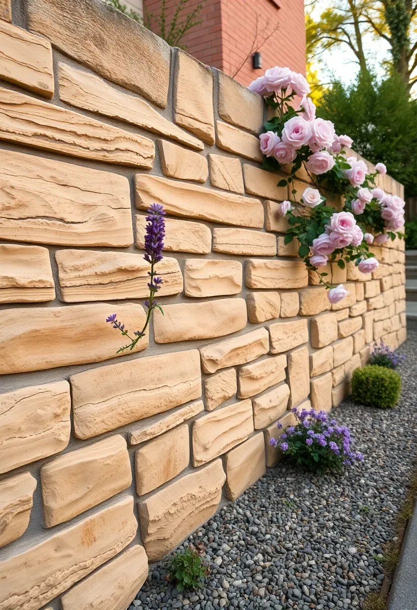 Warm buff sandstone retaining wall with natural cleft face texture on a gently sloped backyard with cottage garden plantings