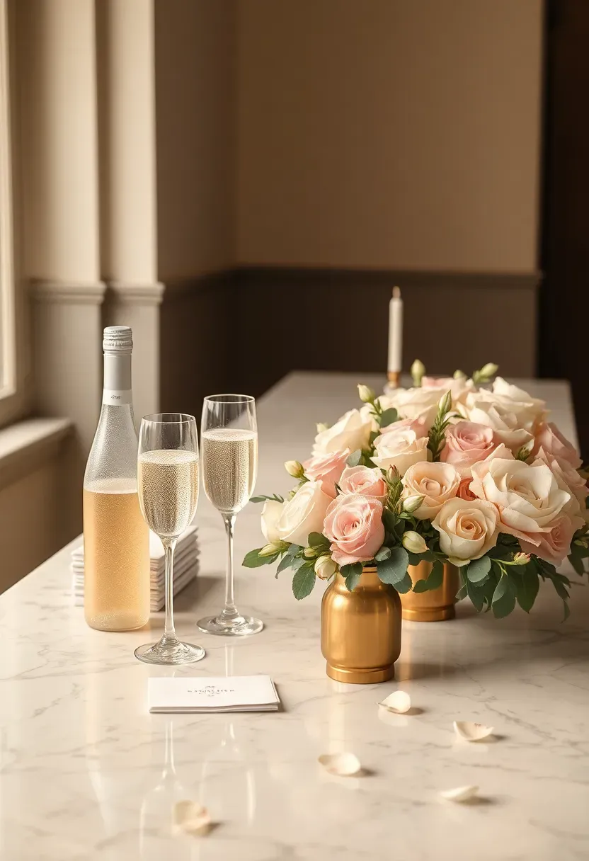 Bridal shower flower and champagne bar combination with flutes of champagne alongside fresh blooms in gold vessels on a marble-top table