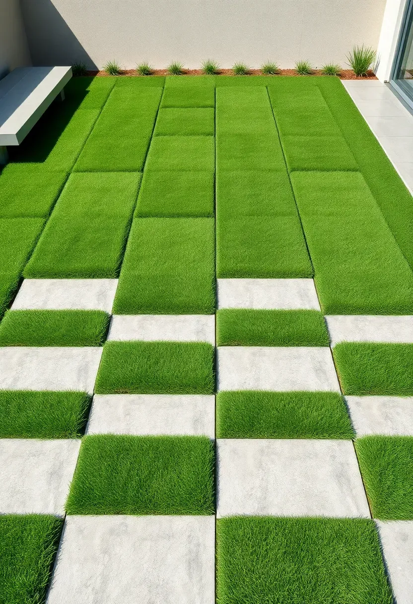 Sleek modern backyard with a checkerboard pattern of poured concrete squares and low-cut grass creating a geometric grid design