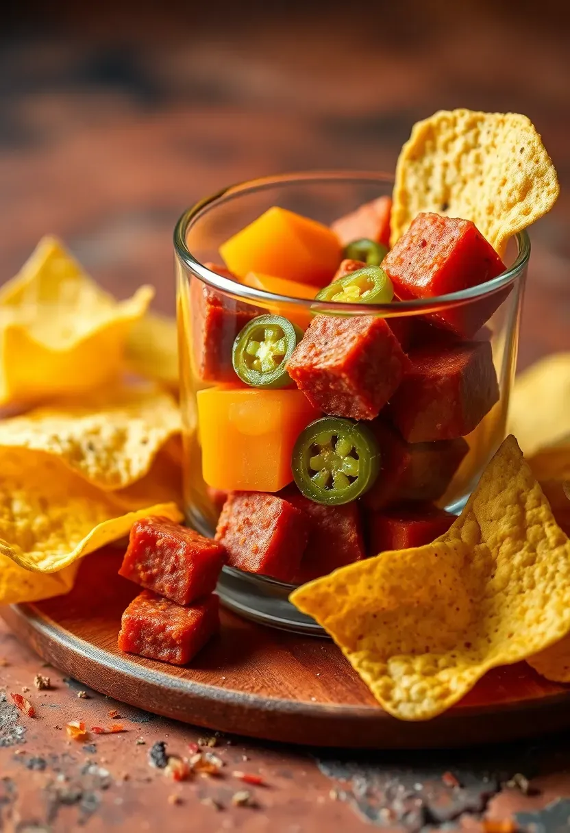 Spicy chorizo charcuterie cup with pepper jack cheese and jalapeño slices