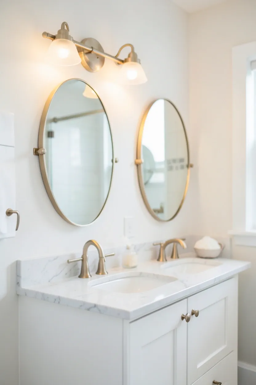 Plug-in sconces flanking a bathroom mirror at eye level with warm white frosted glass shades, flattering light for a small rental bathroom