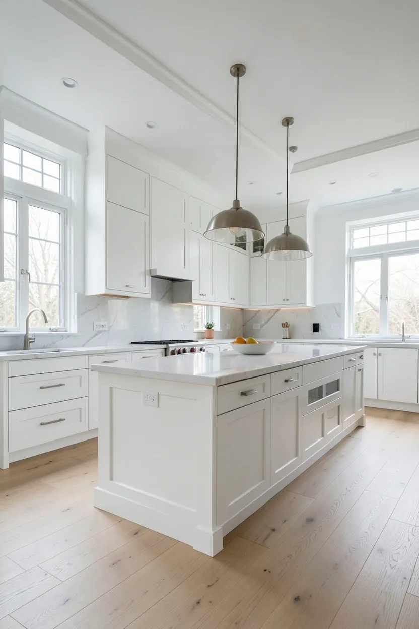 Hyper-realistic eye-level photograph of an elegant kitchen with floor-to-ceiling white custom cabinetry reaching to the ceiling. Upper cabinets have integrated crown molding and are frameless with clean lines. Lower cabinets feature recessed pulls in a continuous horizontal design. Wide plank oak flooring throughout. Large pendant lights hanging over island. Natural daylight from multiple windows. Materials: white lacquer, white oak, brushed nickel hardware. Minimalist elegant mood. Sharp details on cabinet joints and flooring grain. No text, no logos, no watermarks.</p>