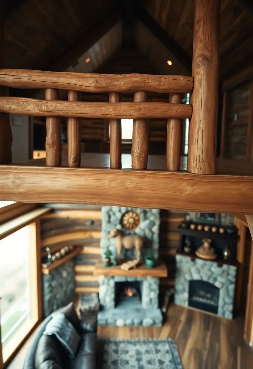 Hyper-realistic view from rustic tiny house loft overlooking main living space. Loft railing features horizontal logs (3-4 inches diameter) with natural bark, cedar post supports. Below: reclaimed wood walls, stone fireplace, leather sofa. Loft has tongue-and-groove ceiling. Materials: natural cedar logs, bark-on railing, reclaimed wood walls, stone fireplace. Warm ambient light from fireplace and window, emphasizing natural wood textures. Shallow depth of field showing railing bark and log details. Authentic rustic loft mood.</p>
