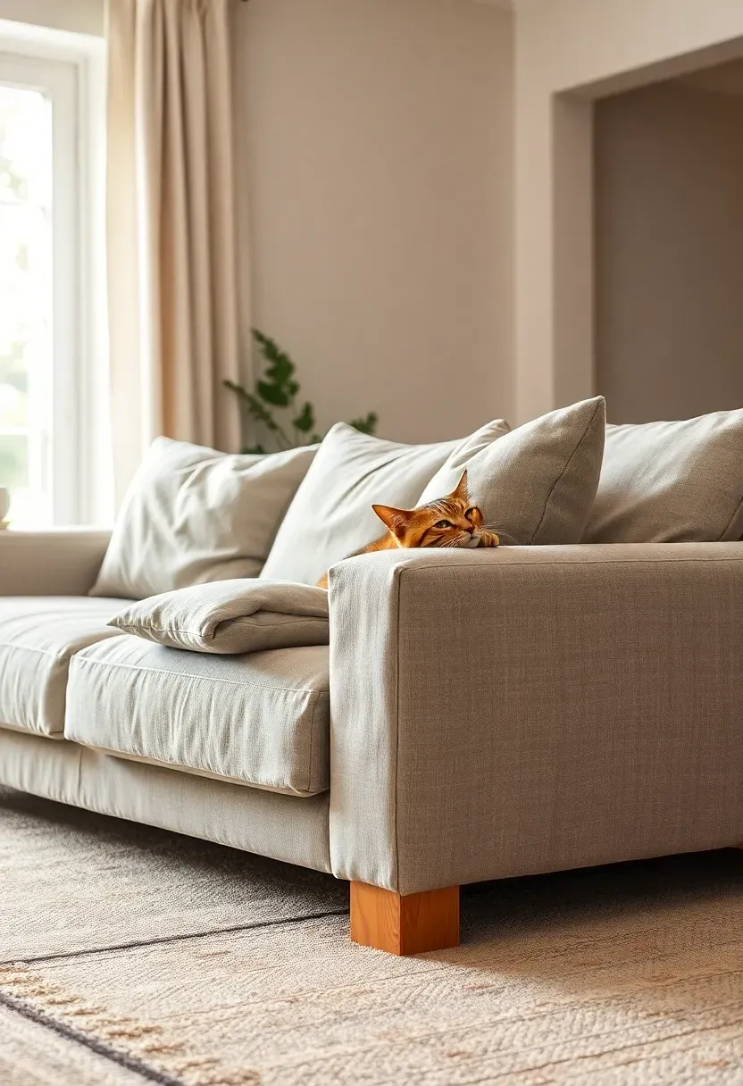 Stone-grey linen slipcover sectional sofa with a tabby cat stretched across a cushion, spare slipcover folded on armrest