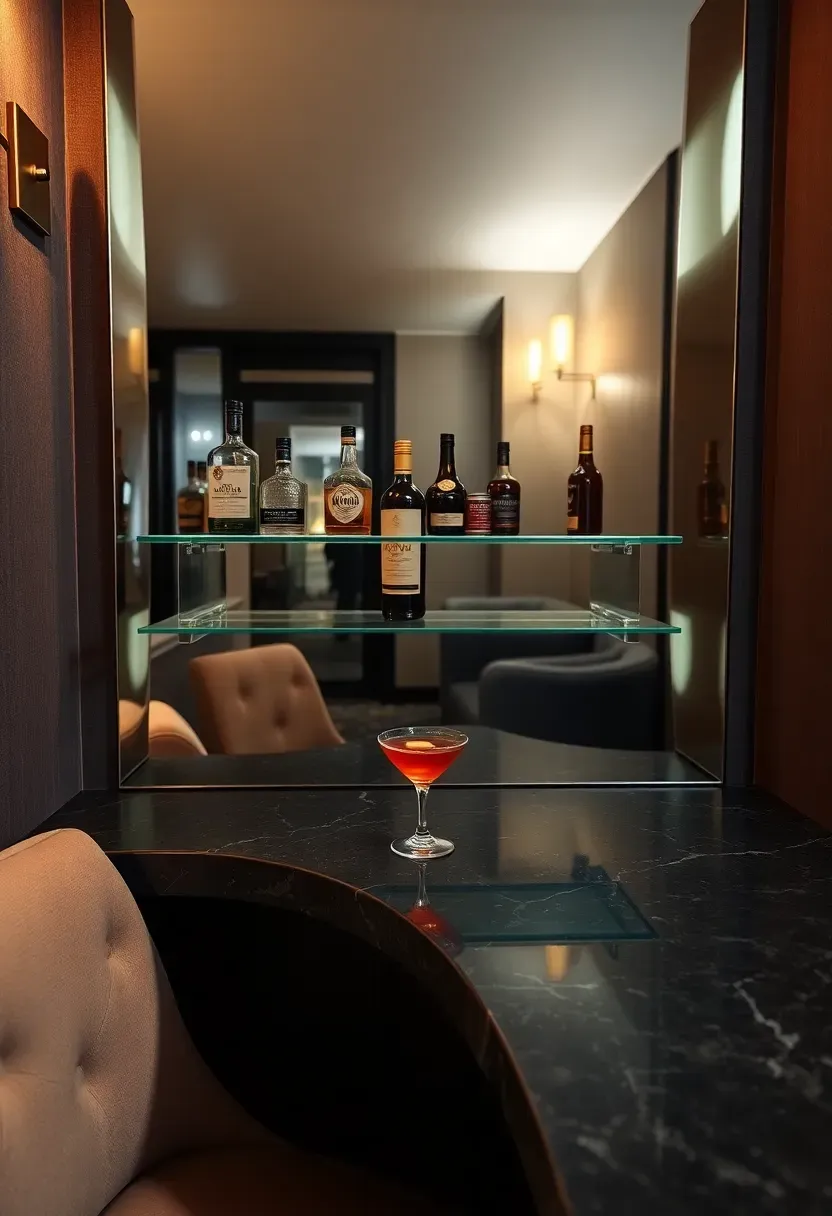 Small corner cocktail bar in a basement alcove with mirrored back wall, floating glass shelves, and a curved granite counter seating two
