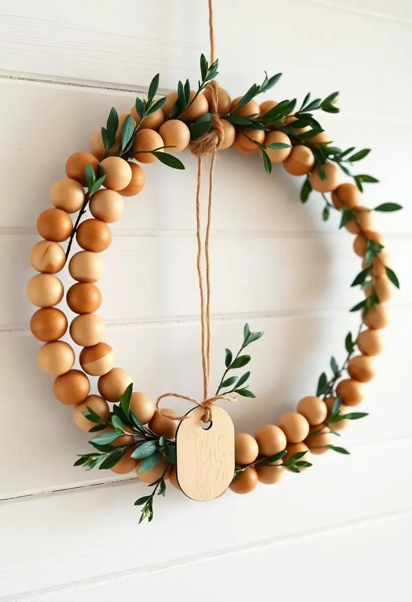 modern wooden bead Easter wreath with natural beads greenery sprigs and a simple ribbon