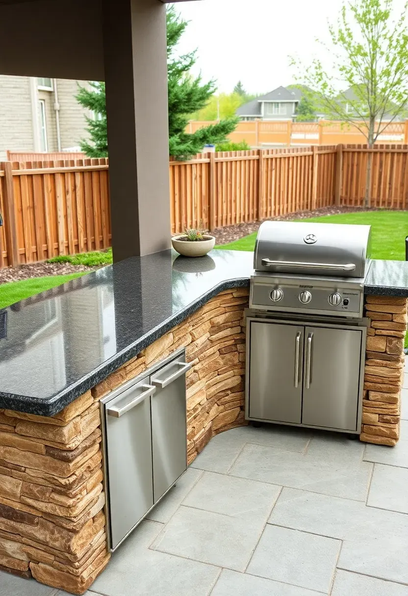 L-shaped outdoor kitchen island with granite countertop, built-in gas grill, and under-counter storage in a renovated backyard