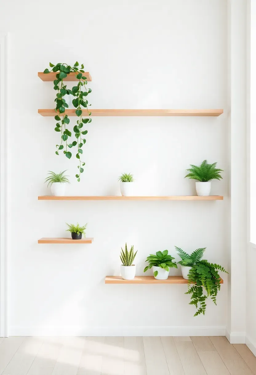 Hyper-realistic frontal view of minimalist white living room wall with five floating wood shelves at staggered heights. Each shelf holds single plant in white pot: trailing pothos on top shelf, small ferns and succulents below. Empty white wall space between shelves visible. Light wood floor with no furniture in frame. Materials: white oak shelves, matte white ceramic pots, various green textures. Soft natural light from side window, gentle shadows. Contemporary minimalist mood where plants on shelves create organized vertical display.</p>