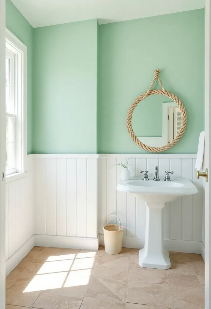 Light seafoam green bathroom with white beadboard walls, nautical rope mirror, and sandy stone floor