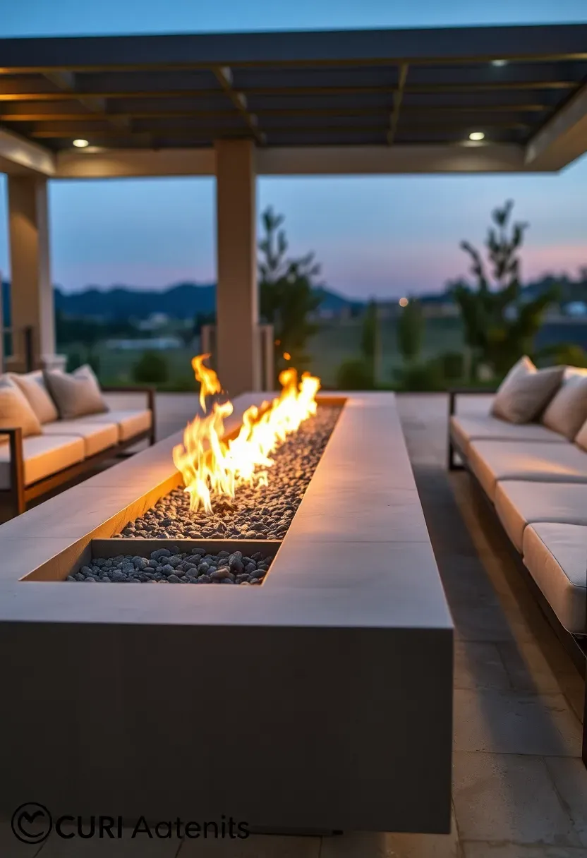 Hyper-realistic 3/4 view of a modern linear gas firepit showing an elongated rectangular concrete firebox with dancing flames visible along its length, featuring wide raised concrete edges, with two modern sectionals positioned perpendicular to create a conversational arrangement. Materials: smooth gray concrete with subtle aggregate, fire glass media in burner, powder-coated aluminum sectional frames, fade-resistant outdoor upholstery, travertine paver surface. Dusk lighting with fire glow casting warm light on concrete faces while ambient twilight provides cool contrast. Modern luxury outdoor living aesthetic, clean architectural forms. Shallow depth of field emphasizing firepit foreground with seating arrangement and patio context visible beyond. No text, no logos, no watermarks.</p>