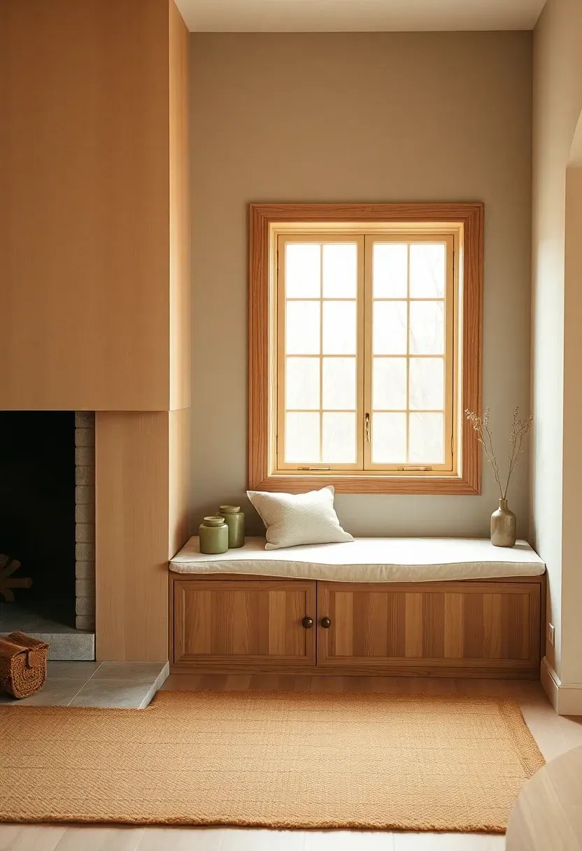 Window seat paired with fireplace zone