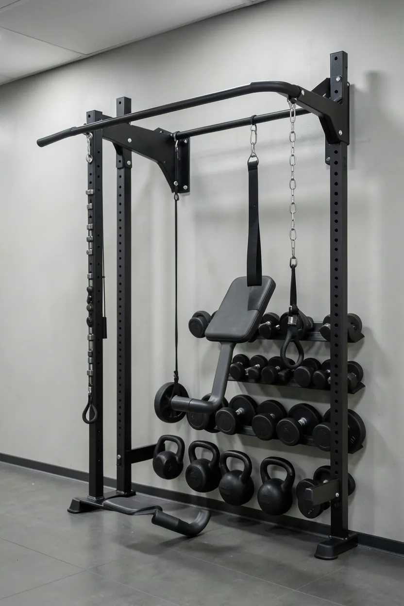 Wall-mounted home gym system in small room with pull-up bar, folding power rack, dumbbell storage shelves, and mirrored wall