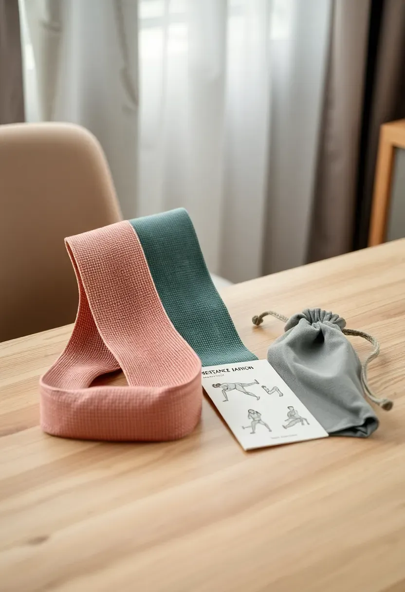 Desk exercise resistance band kit with fabric bands in different colors and a small instruction card on an office desk