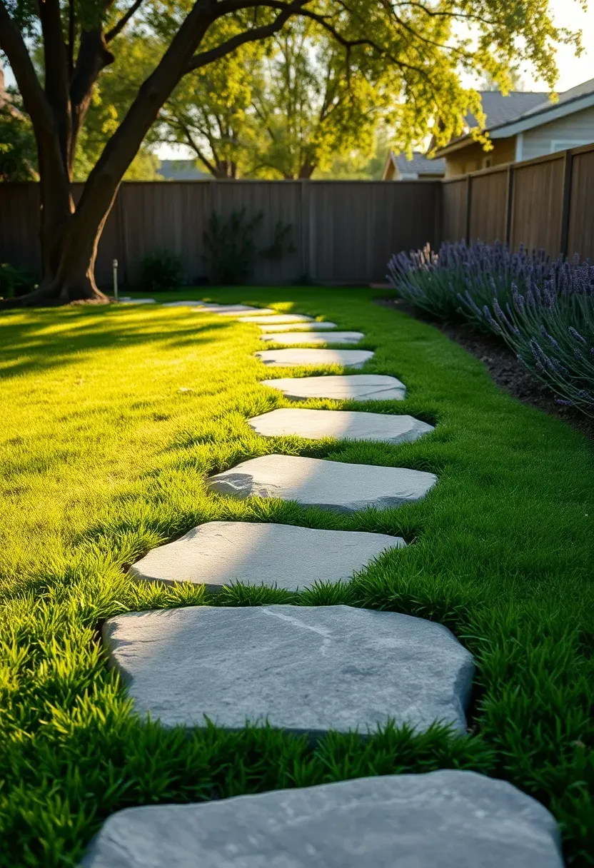 Irregularly shaped flagstone stepping stones set in a green lawn leading through a backyard garden