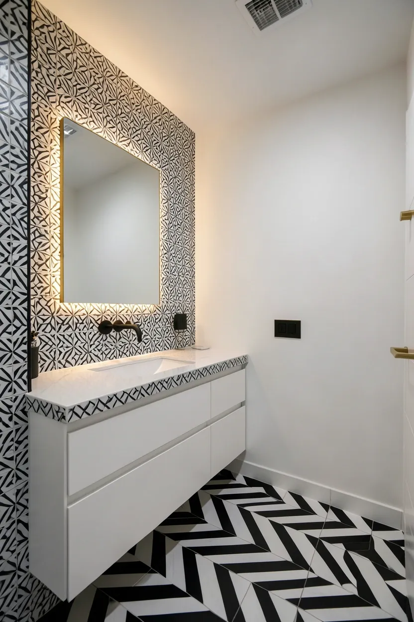 Bold geometric tile Bloxburg bathroom with chevron floor, statement accent wall, and matte black fixtures