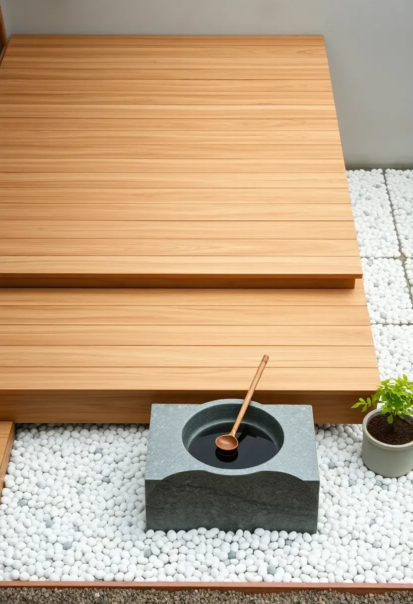Japanese-inspired minimalist two-level platform deck with clean lines, a pebble border, bamboo accents, and a small stone water basin on the lower level