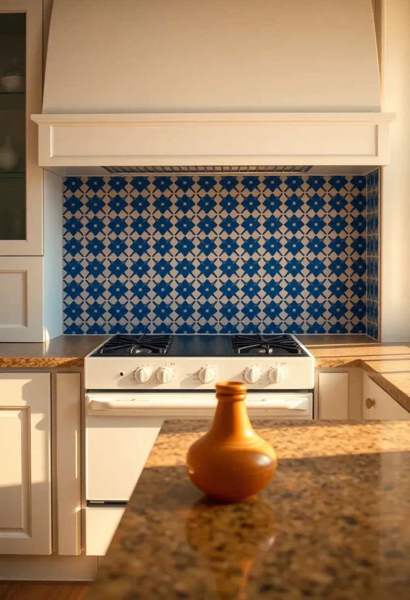 blue and white encaustic cement tile backsplash behind range with white cabinets and light granite countertop in a Mediterranean kitchen