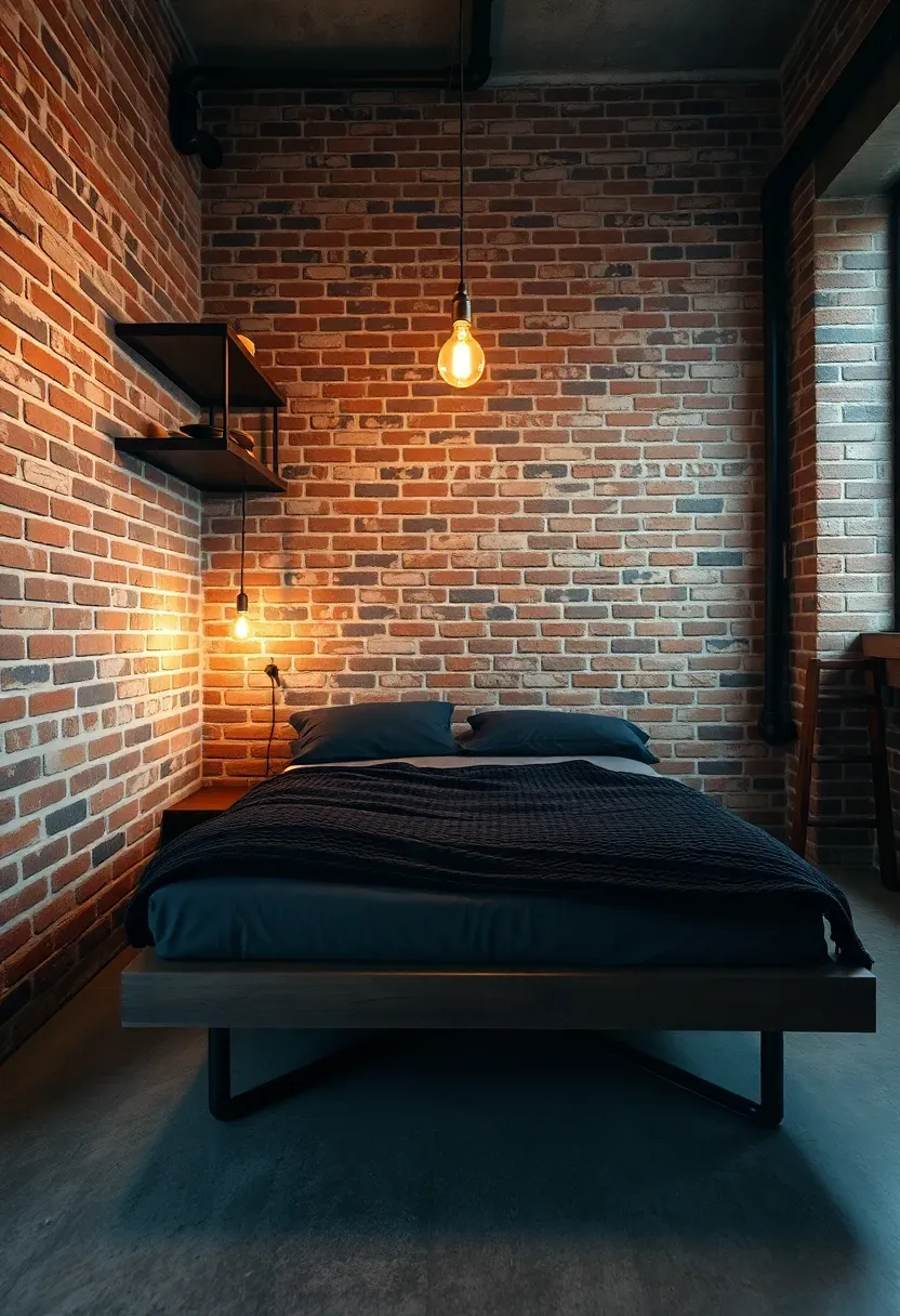 industrial masculine bedroom with exposed brick wall and iron shelving