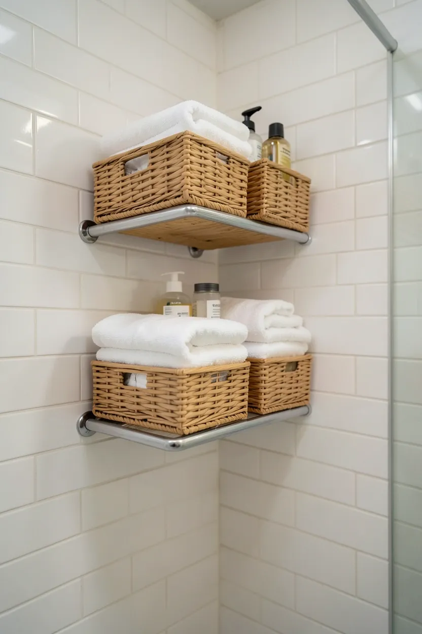 Tension rod with bamboo baskets holding shampoo and bath products inside a rental apartment shower