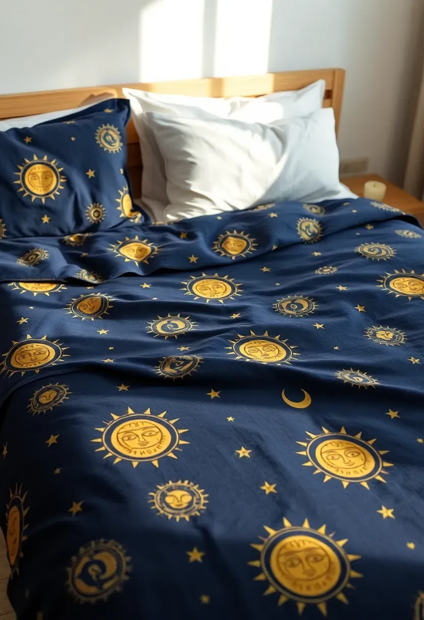 Navy blue duvet cover printed with golden suns, crescent moons, and scattered stars on a neatly made bed