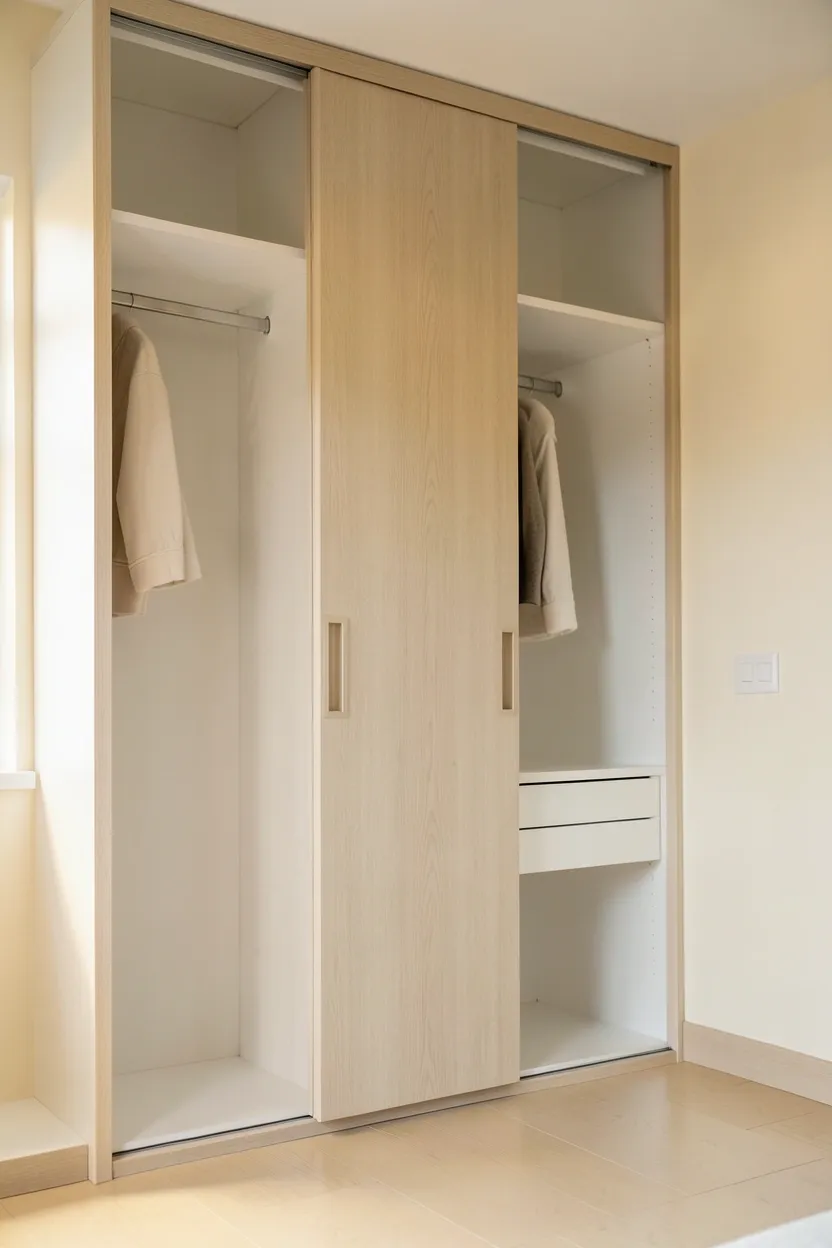 Floor-to-ceiling built-in wardrobe with light wood sliding doors in a small japandi apartment bedroom