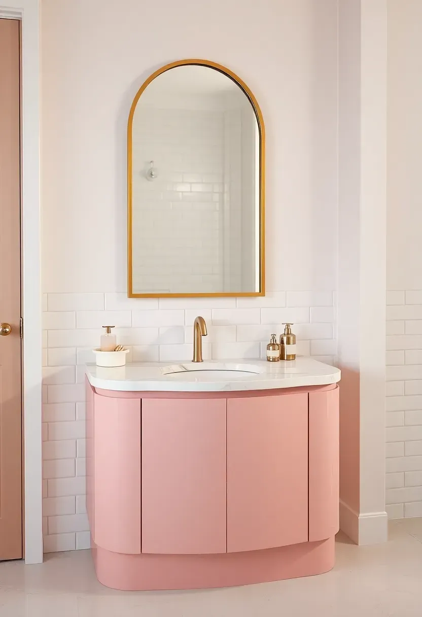 Bathroom with curved vanity, rounded mirror and arched doorway