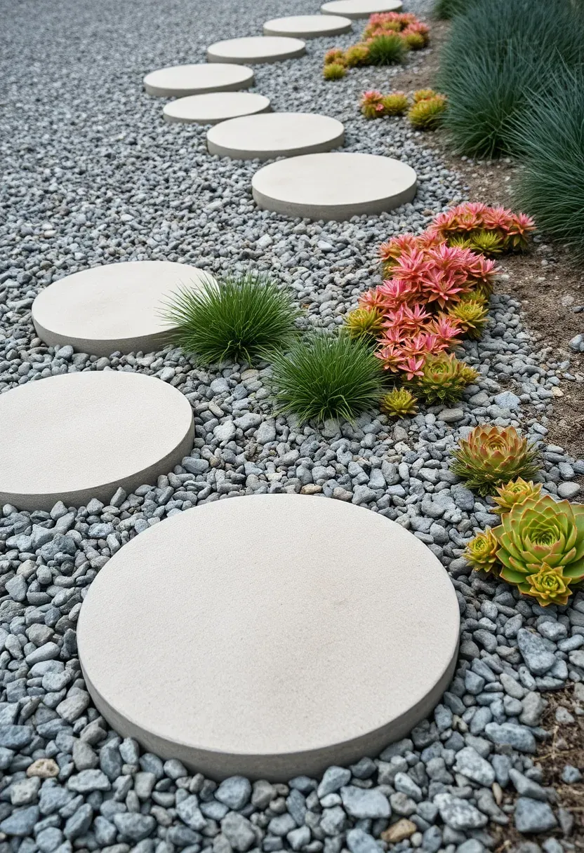 Round concrete stepping stones placed in a path through a gravel garden bed with low drought-tolerant plants growing between the stones