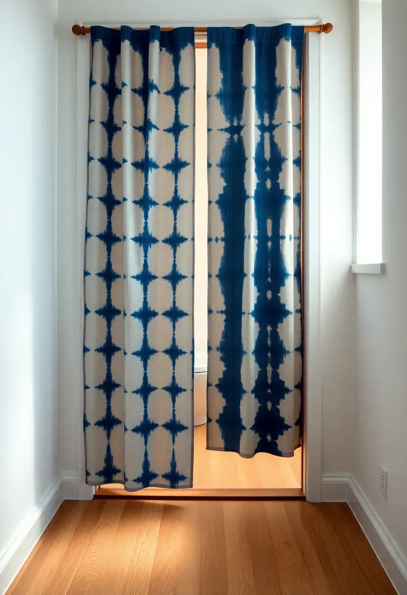 Japanese noren curtain with indigo dye pattern hanging in a bathroom doorway white walls and wooden floor visible