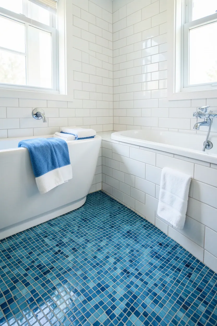 Blue Mosaic Tile Floor with White Walls