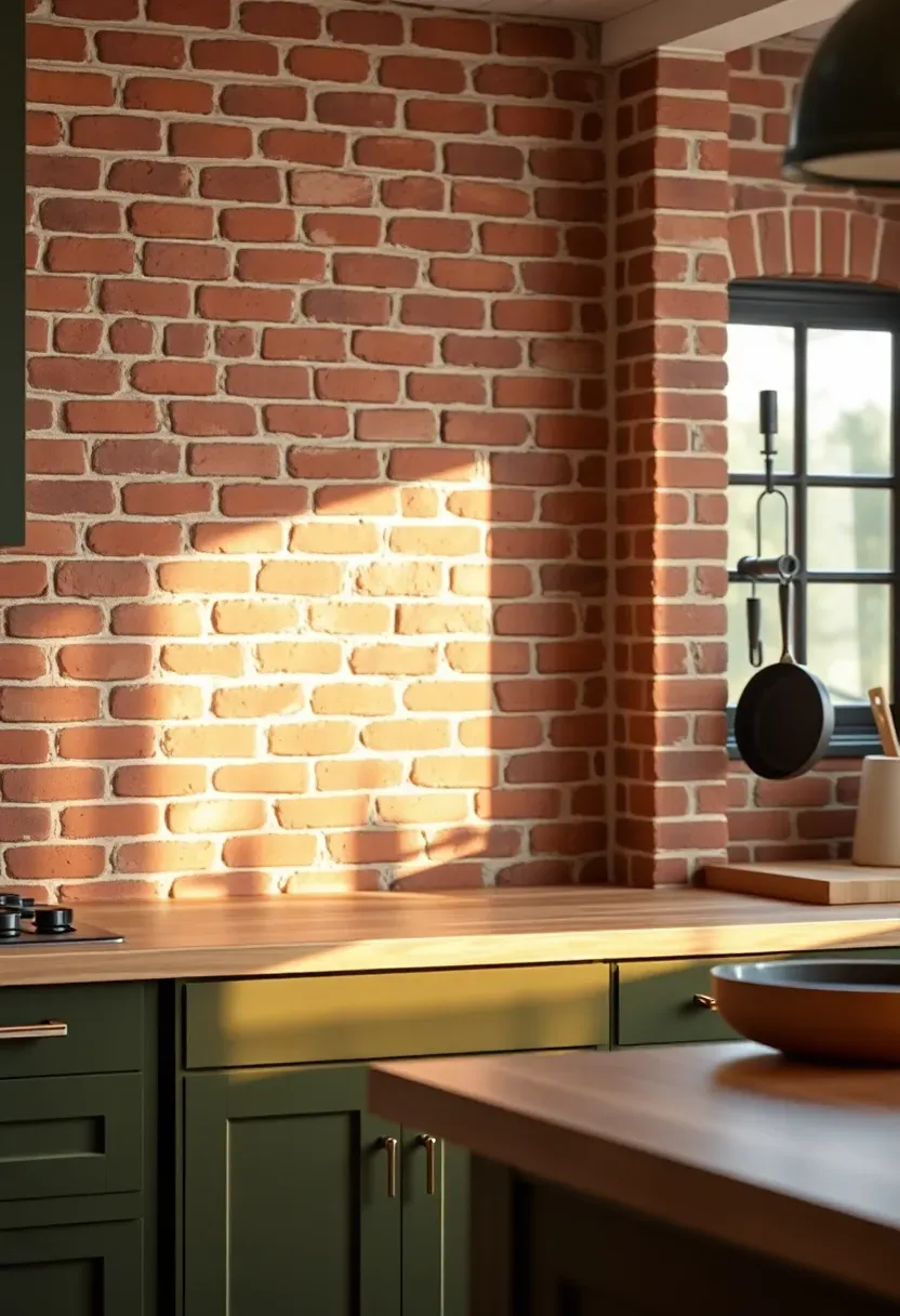 exposed red brick backsplash with clear sealant in a rustic kitchen with dark painted cabinets and butcher block light countertops