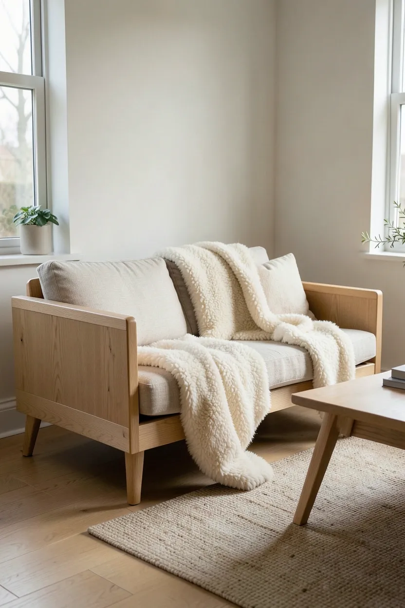 Minimalist Japandi living room with a few quality pieces — solid oak side table, well-crafted linen sofa, and handmade ceramic bowl